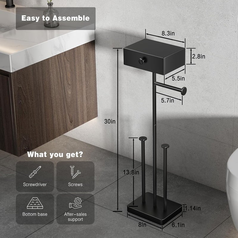 Voldra Toilet Paper Holder Stand with Shelf, Free Standing Black Toilet Paper Roll Holder with Wipes Storage Drawer Heavy Duty Floor Bathroom Tissue Holder Freestanding No Drill Tp Holder for 7 Rolls - Image 5